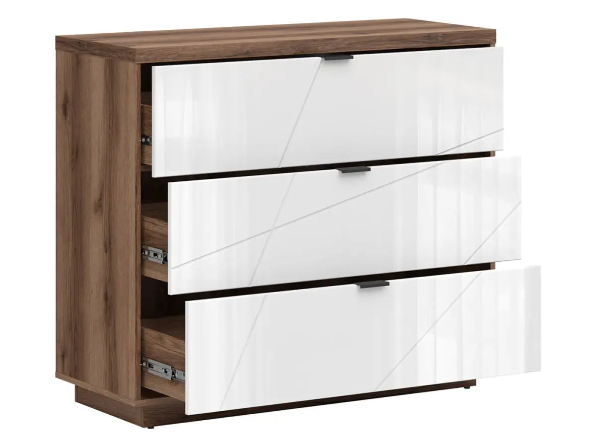 Cómoda Forn 106 cm con 3 cajones roble delano oscuro/blanco brillo