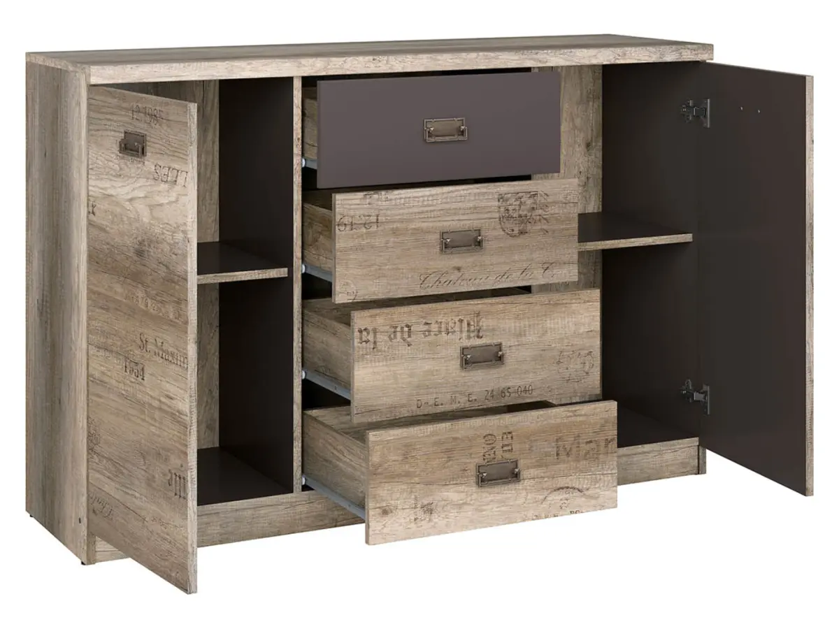 Cómoda Malcolm 130 cm con 2 puertas y 4 cajones roble canyon monument/gris wolfram/roble canyon monument estampado