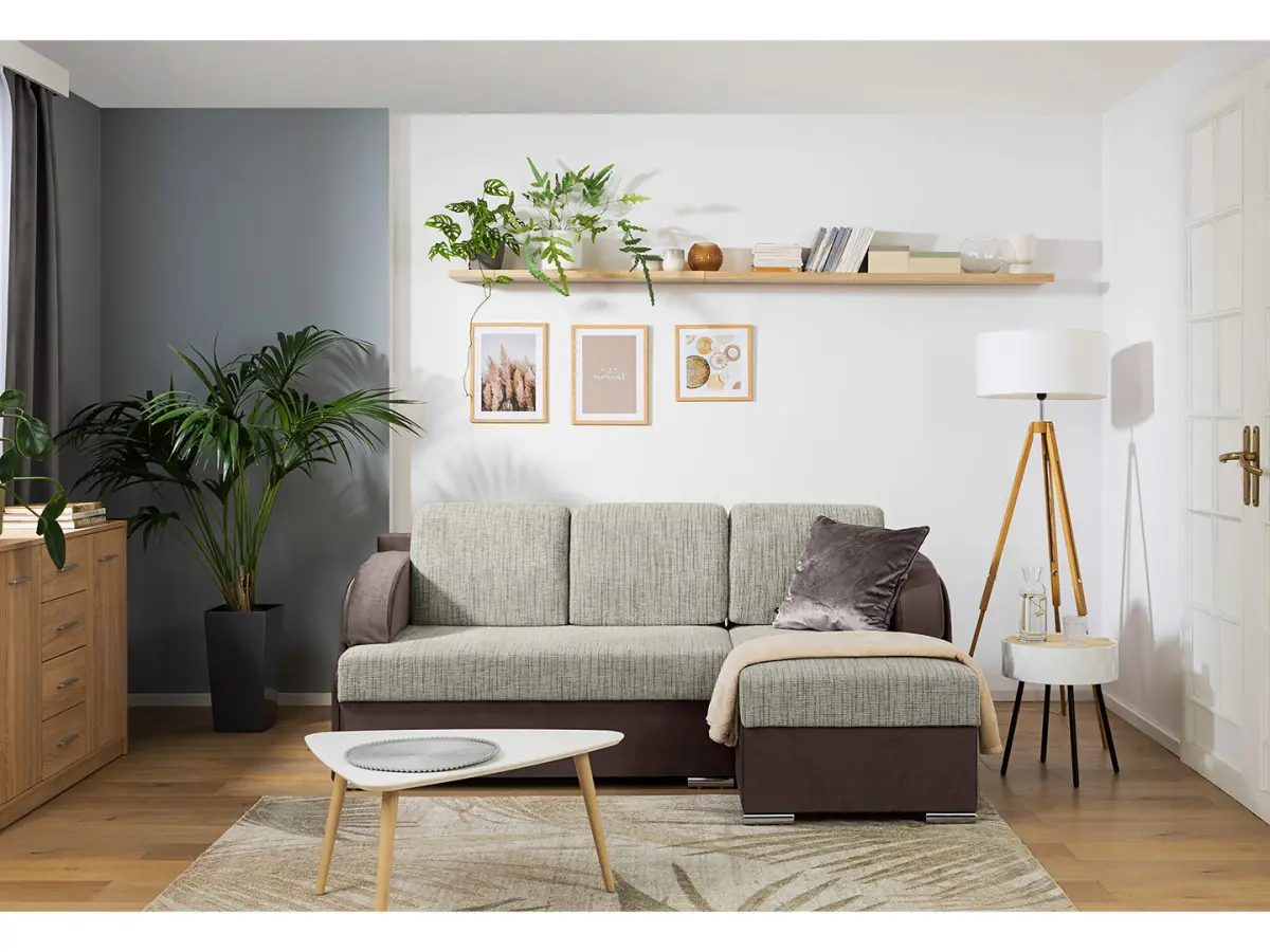 Sofá rinconera universal Merin con función de cama y 2 arcones marrón