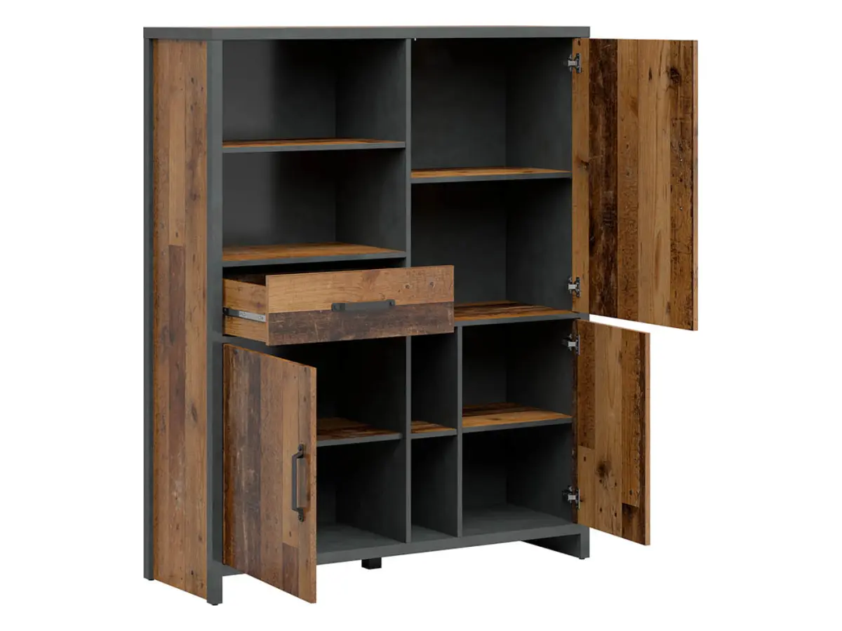 Shelving unit Weston 120 cm with 3 doors, drawer and 4 shelves old style pine