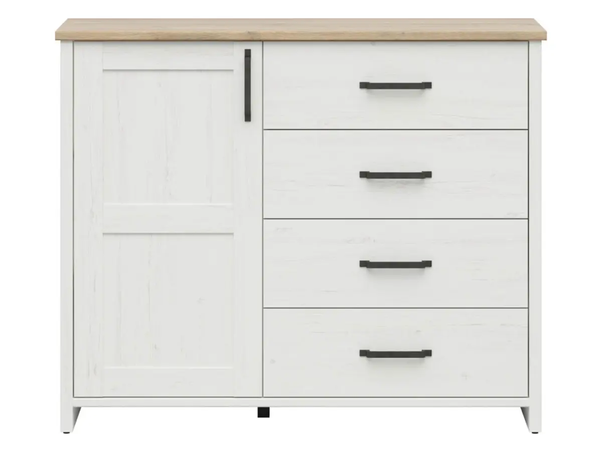 Cómoda Loksa 120 cm con puertas y 4 cajones pino blanco andersen/roble grandson