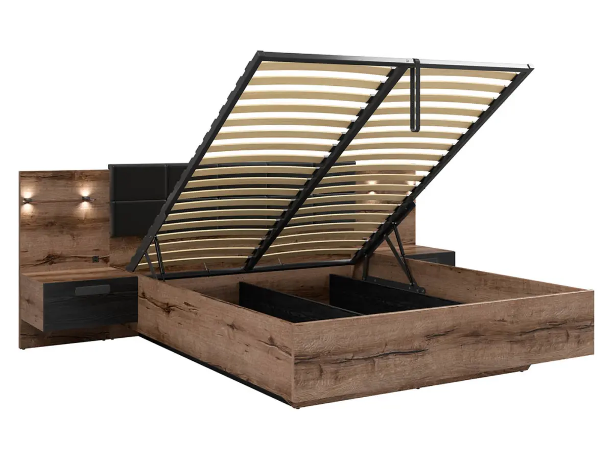 Cama Kassel 160x200 con somier y contenedor y 2 mesitas de noche roble monastery