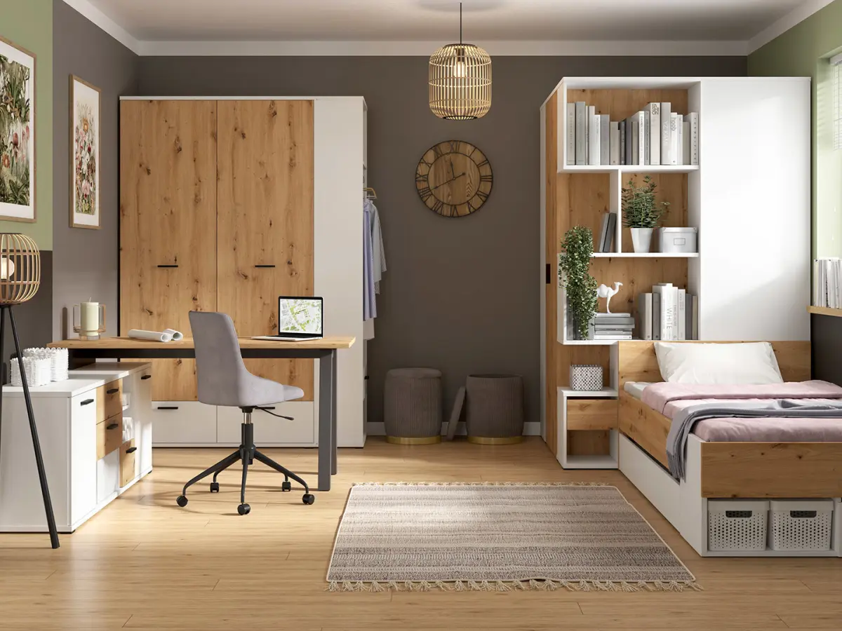 Armario de esquina derecho Homeland 136 cm vestidor con 2 puertas y 3 cajones blanco/roble artisan