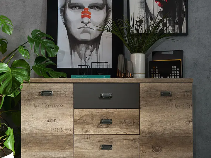 Cómoda Malcolm 130 cm con 2 puertas y 4 cajones roble canyon monument/gris wolfram/roble canyon monument estampado