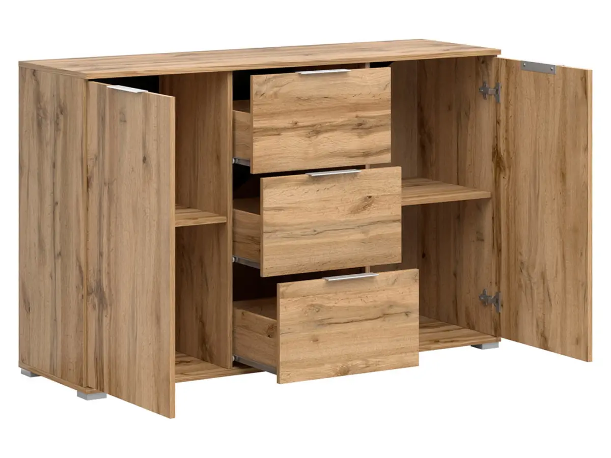 Cómoda Zele 135 cm con 2 puertas y 3 cajones roble wotan