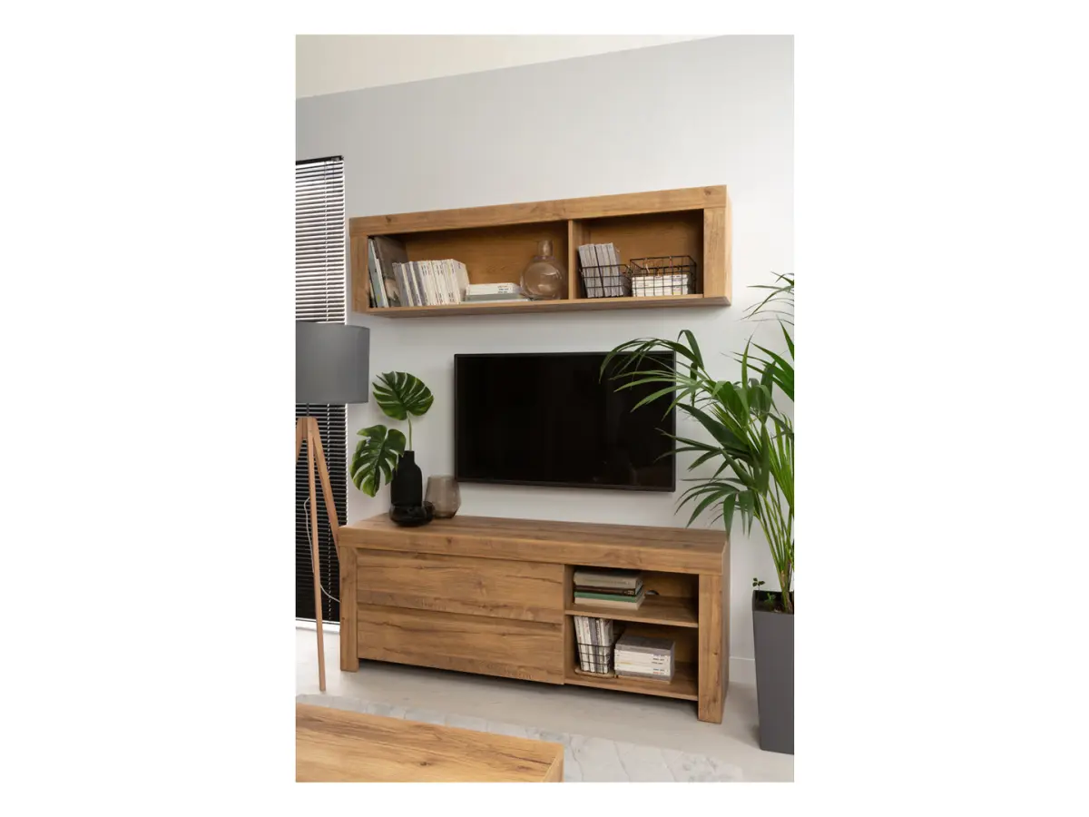 Mueble RTV Holten 156 cm con 2 cajones y estante roble waterford