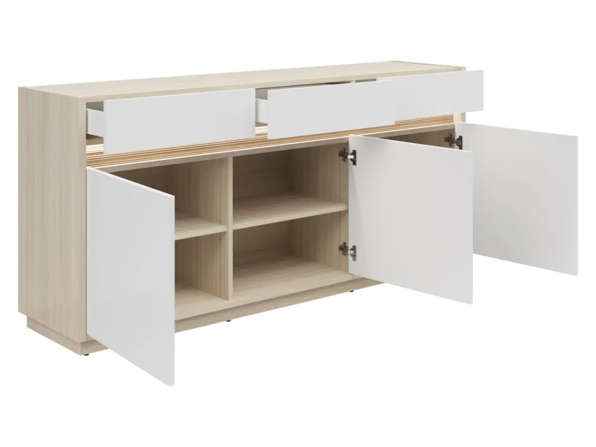 Cómoda Kim con 3 puertas y 3 cajones roble riva claro/blanco