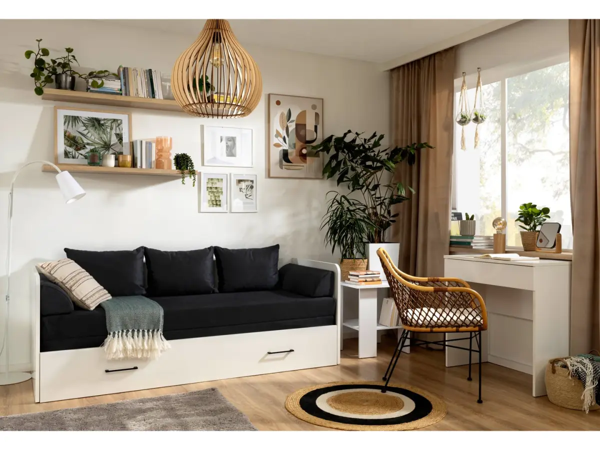 Cama extensible Tetrix blanco brillo 80-160x200 con arcón, colchón y cojines negros