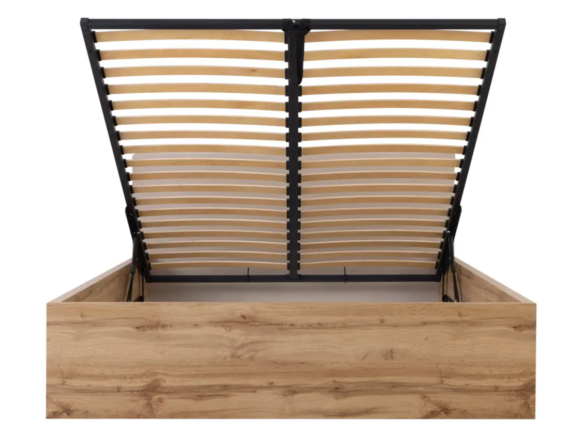 Cama Tetrix 160x200 con somier, arcón y cabecero tapizado roble wotan