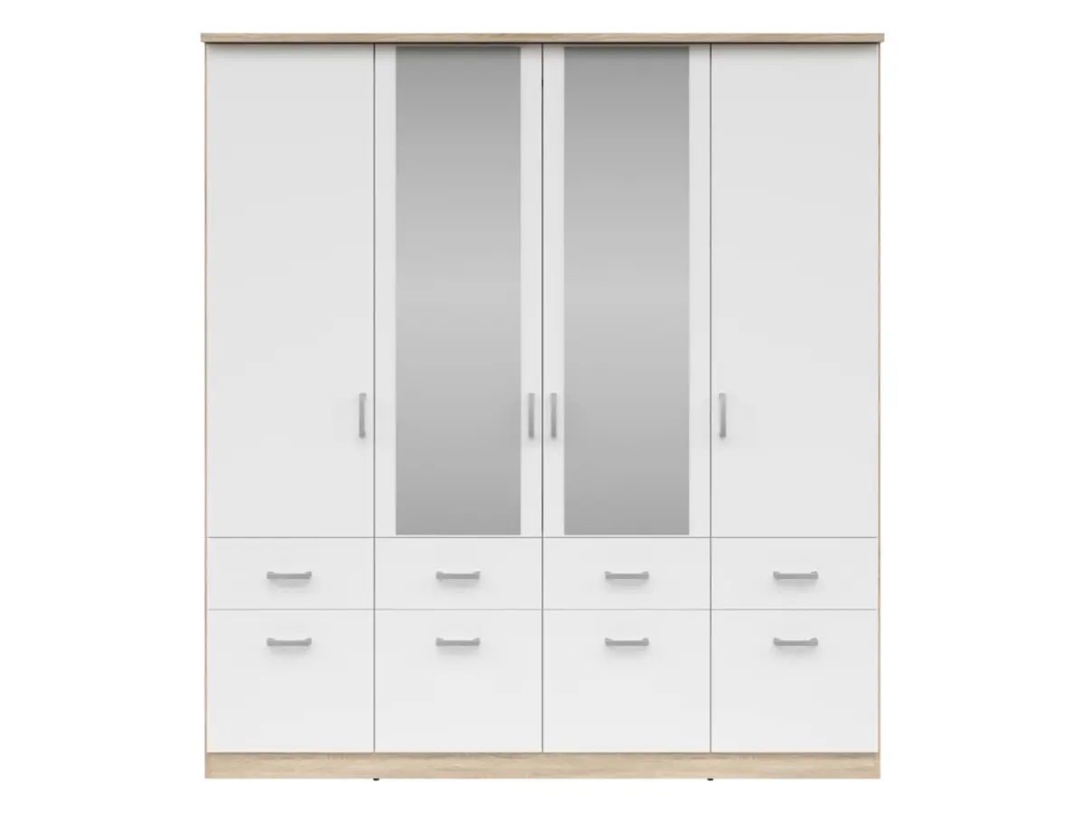 Armario de cuatro puertas Brando-4 181 cm con espejo y cajones blanco/roble sonoma