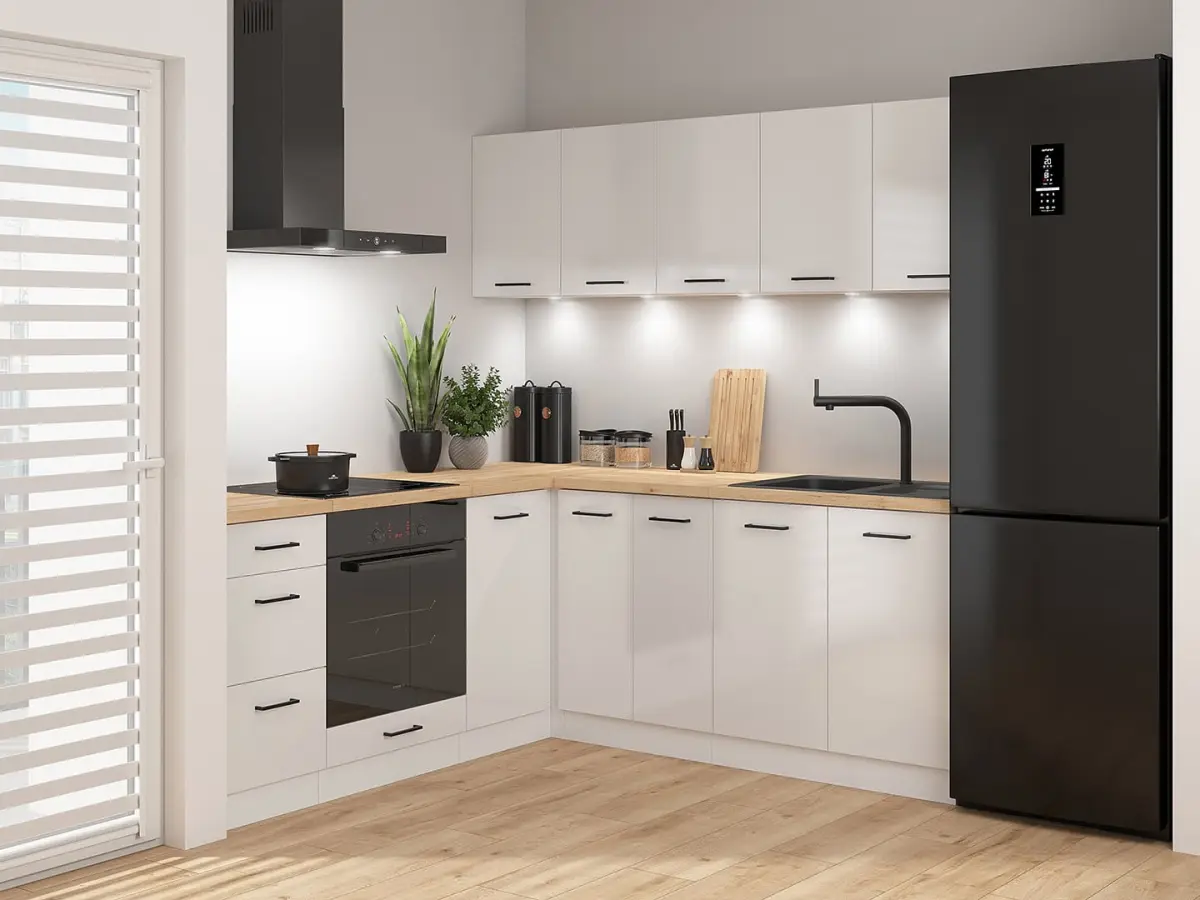 Conjunto de cocina rinconera Junona Line 200x200 brillo tiza sin encimera