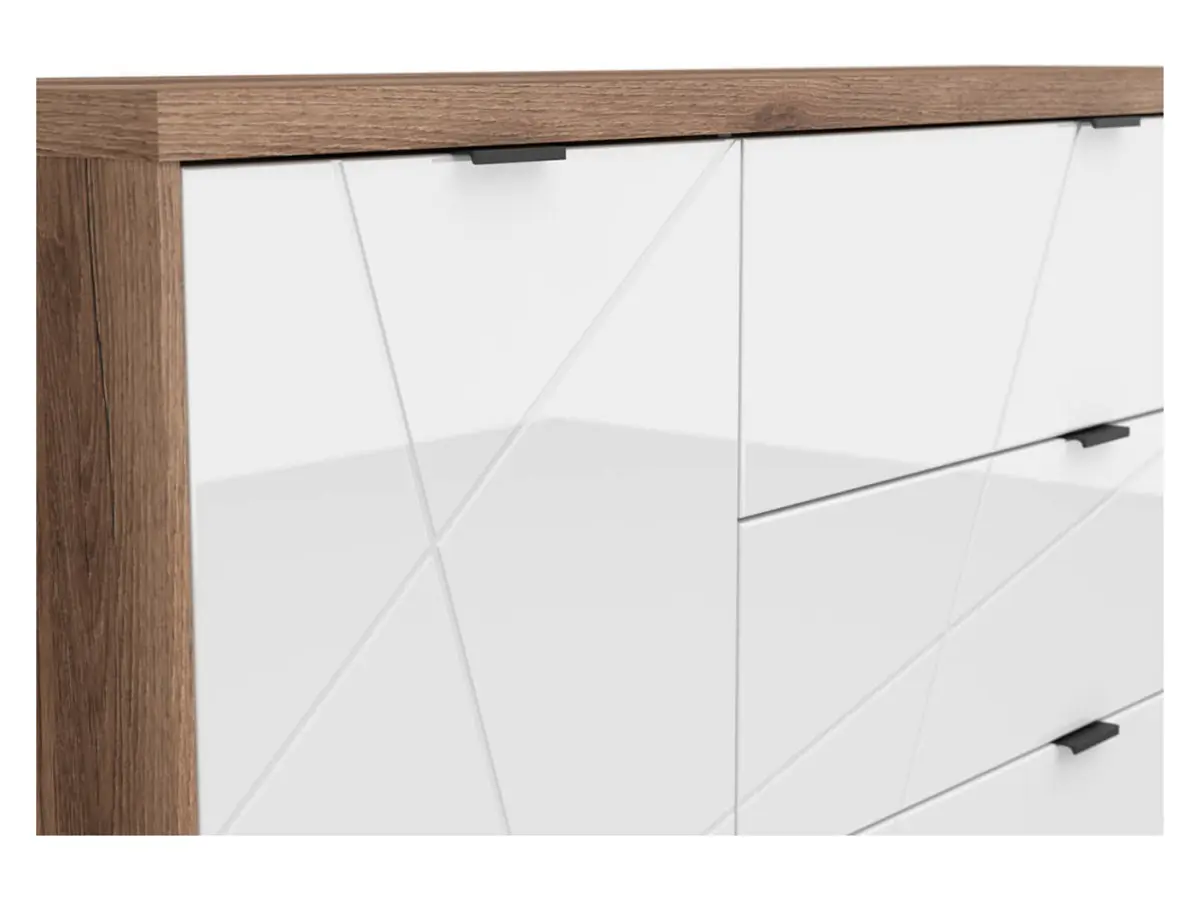 Cómoda Forn 156 cm con puertas y 3 cajones roble delano oscuro/blanco brillo