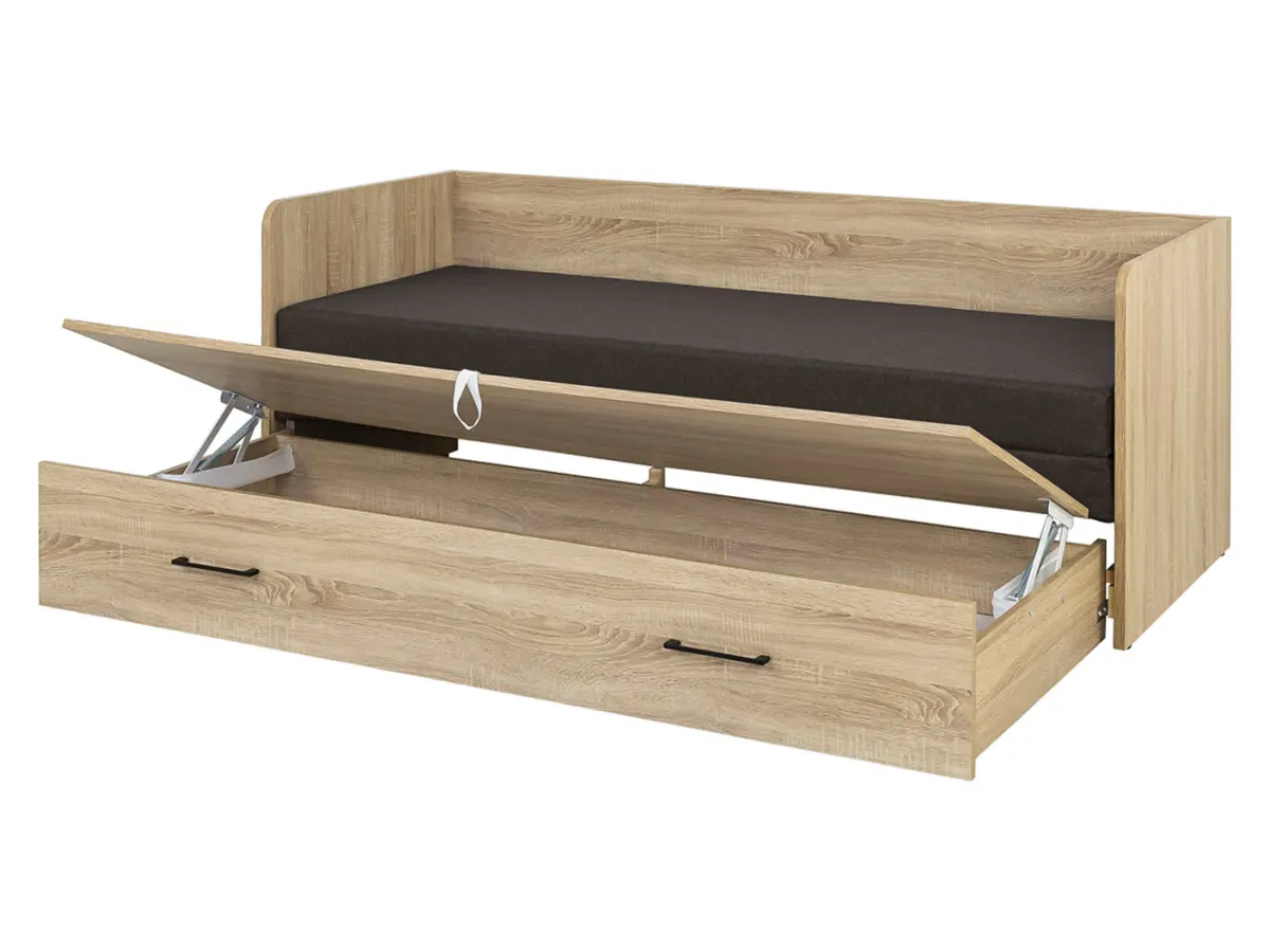 Cama extensible Tetrix roble sonoma 80-160x200 con contenedor colchón y cojines marrón