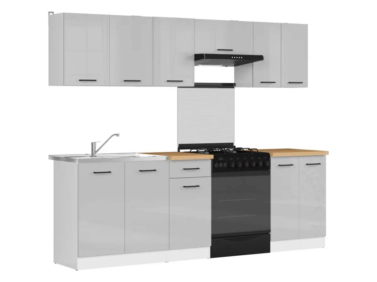 Кухонний гарнітур Junona Line 240 см світло-сірий глянець зі стільницею