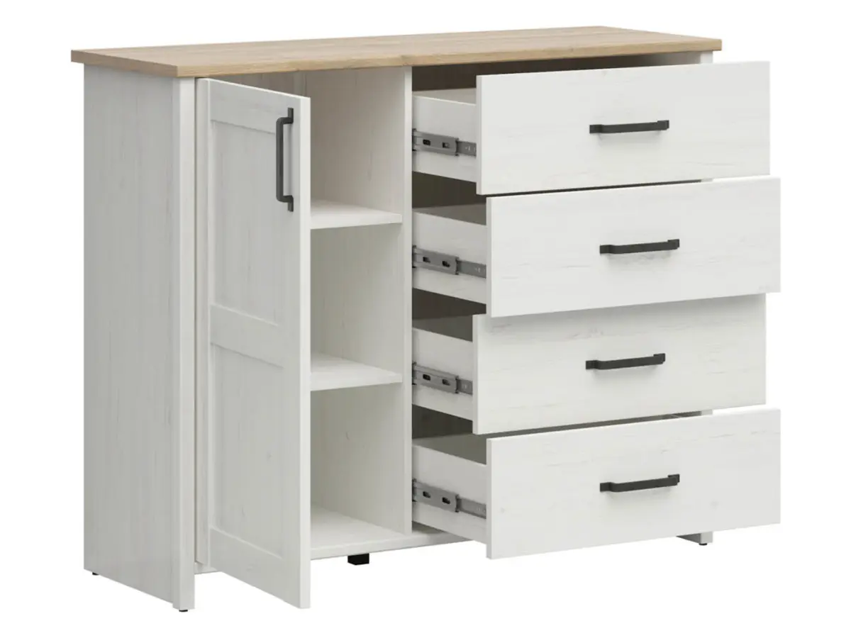 Cómoda Loksa 120 cm con puertas y 4 cajones pino blanco andersen/roble grandson