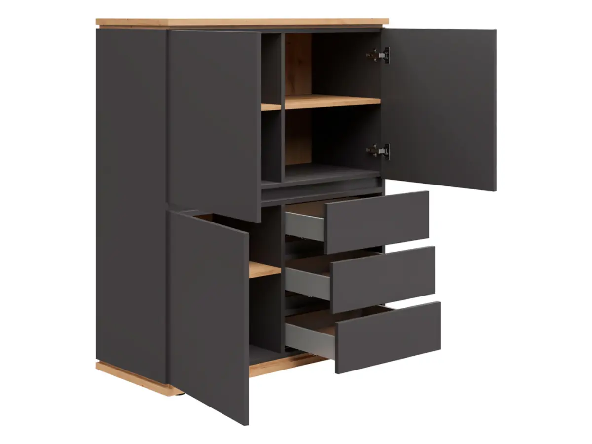 Cómoda Yamael 100 cm con 3 puertas y cajones grafito/roble artisan