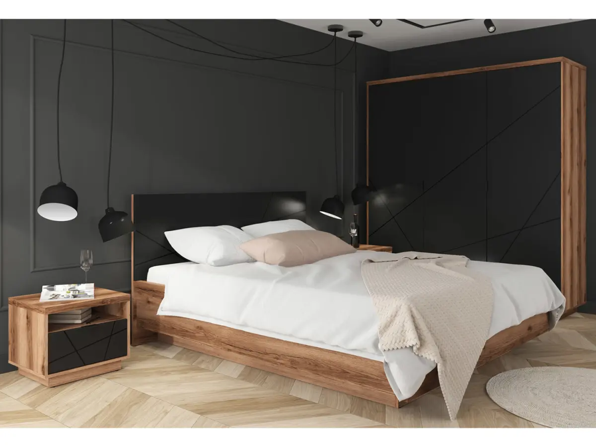 Cama Forn 160x200 con somier y contenedor roble delano oscuro/negro