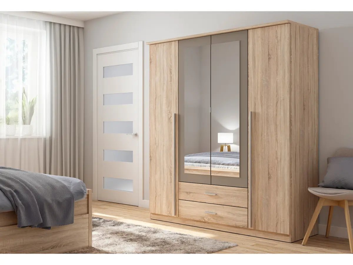 Armario de cuatro puertas Kredo 181 cm con espejo y cajones roble sonoma