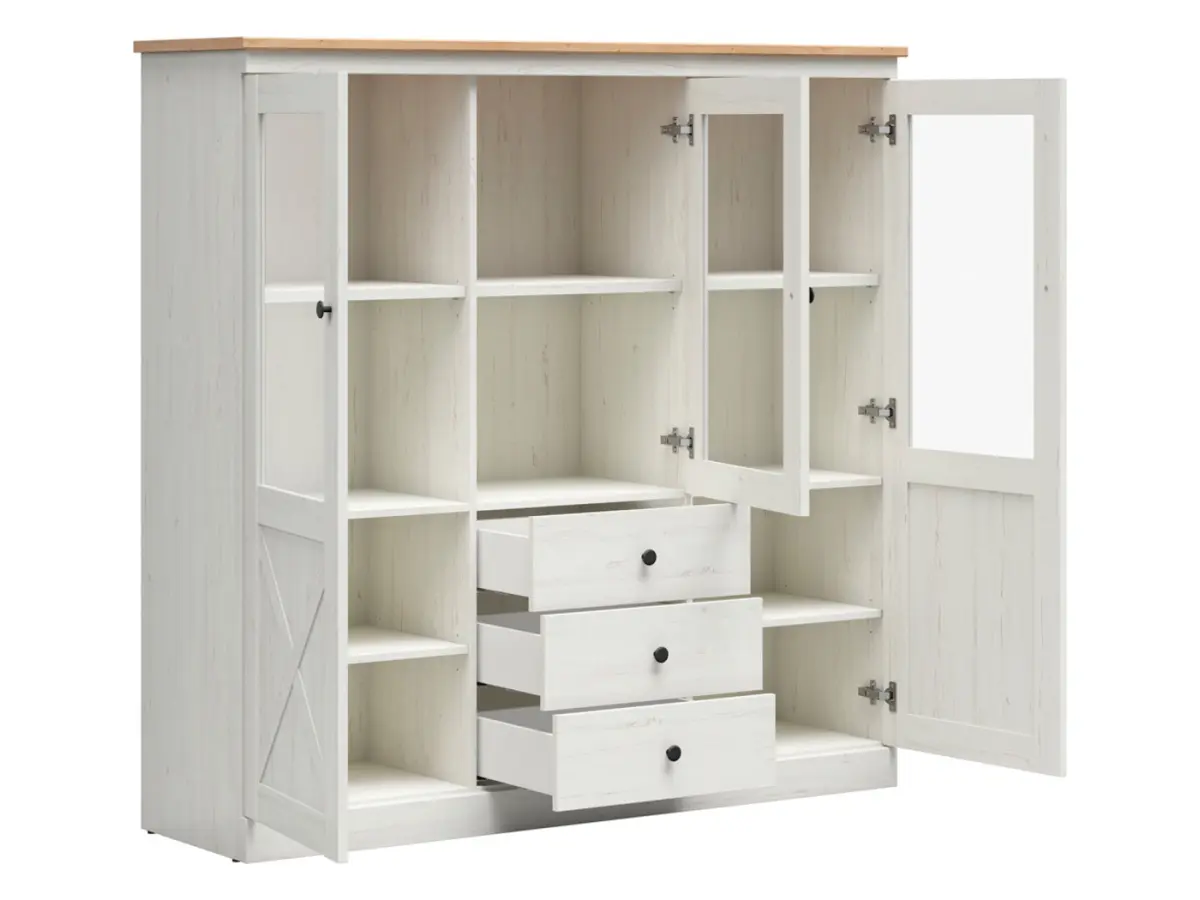 Witryna Frija 153 cm z 3 drzwiami i 3 szufladami sosna andersen biała