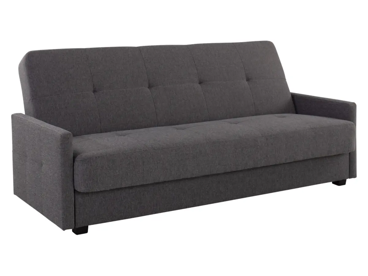 Sofá cama de tres plazas Maro con arcón, tejido trenzado gris oscuro