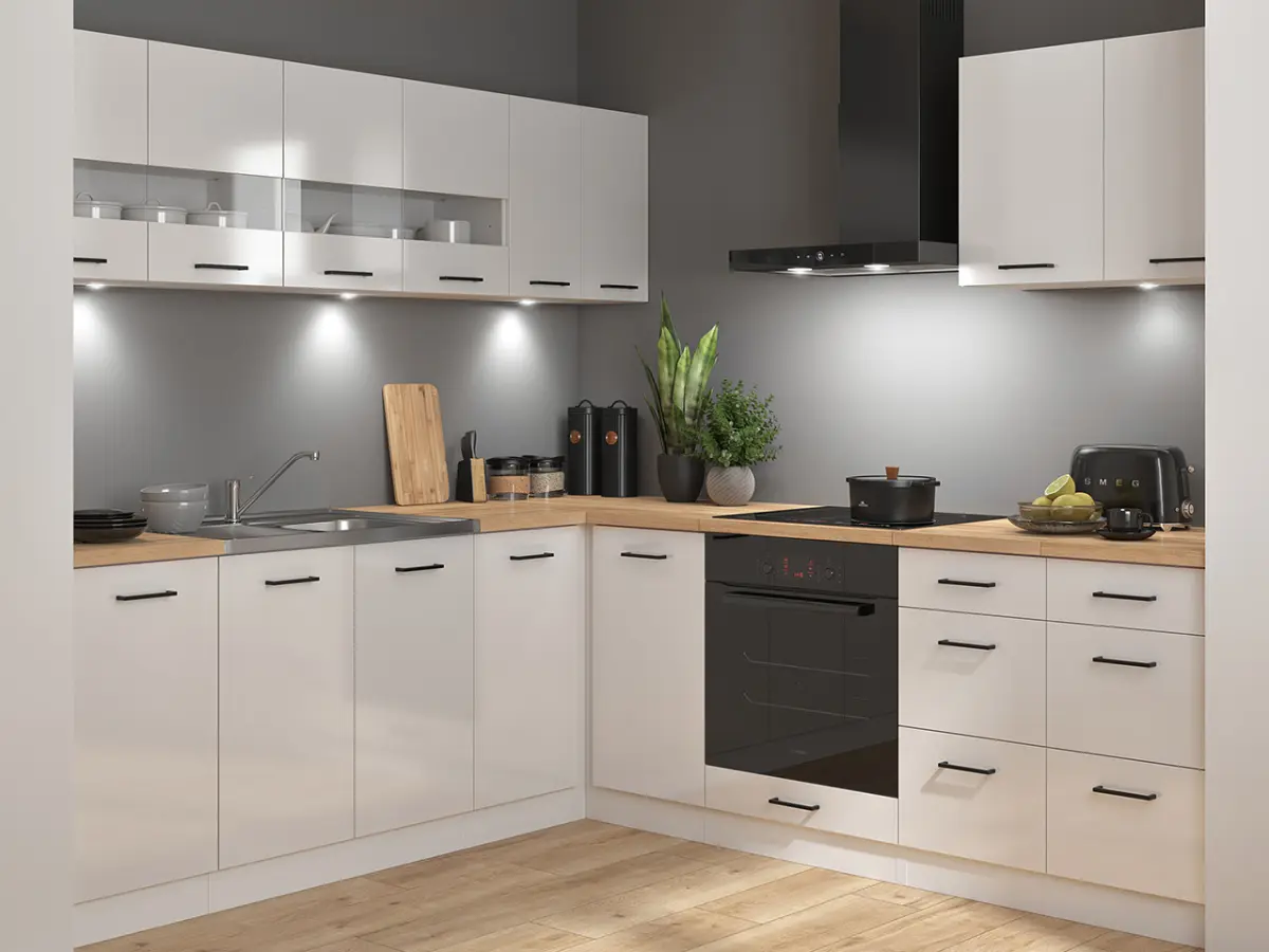 Conjunto de cocina de esquina Junona Line 220x240 brillo tiza con encimera