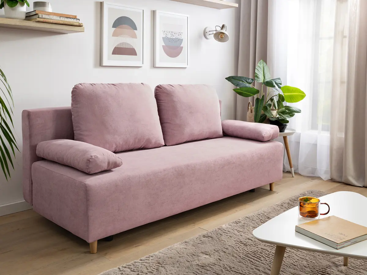Sofá cama de tres plazas Sun con arcón rosa