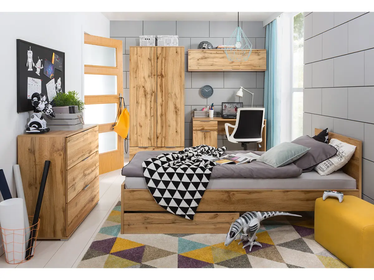 Cómoda Zele 135 cm con 2 puertas y 3 cajones roble wotan