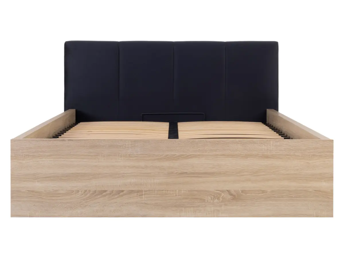 Cama Tetrix 160x200 con somier, arcón y cabecero tapizado, roble sonoma