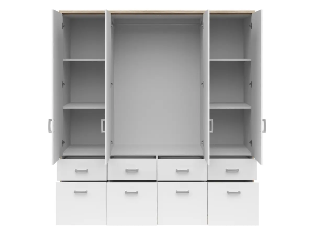Armario de cuatro puertas Brando-4 181 cm con espejo y cajones blanco/roble sonoma
