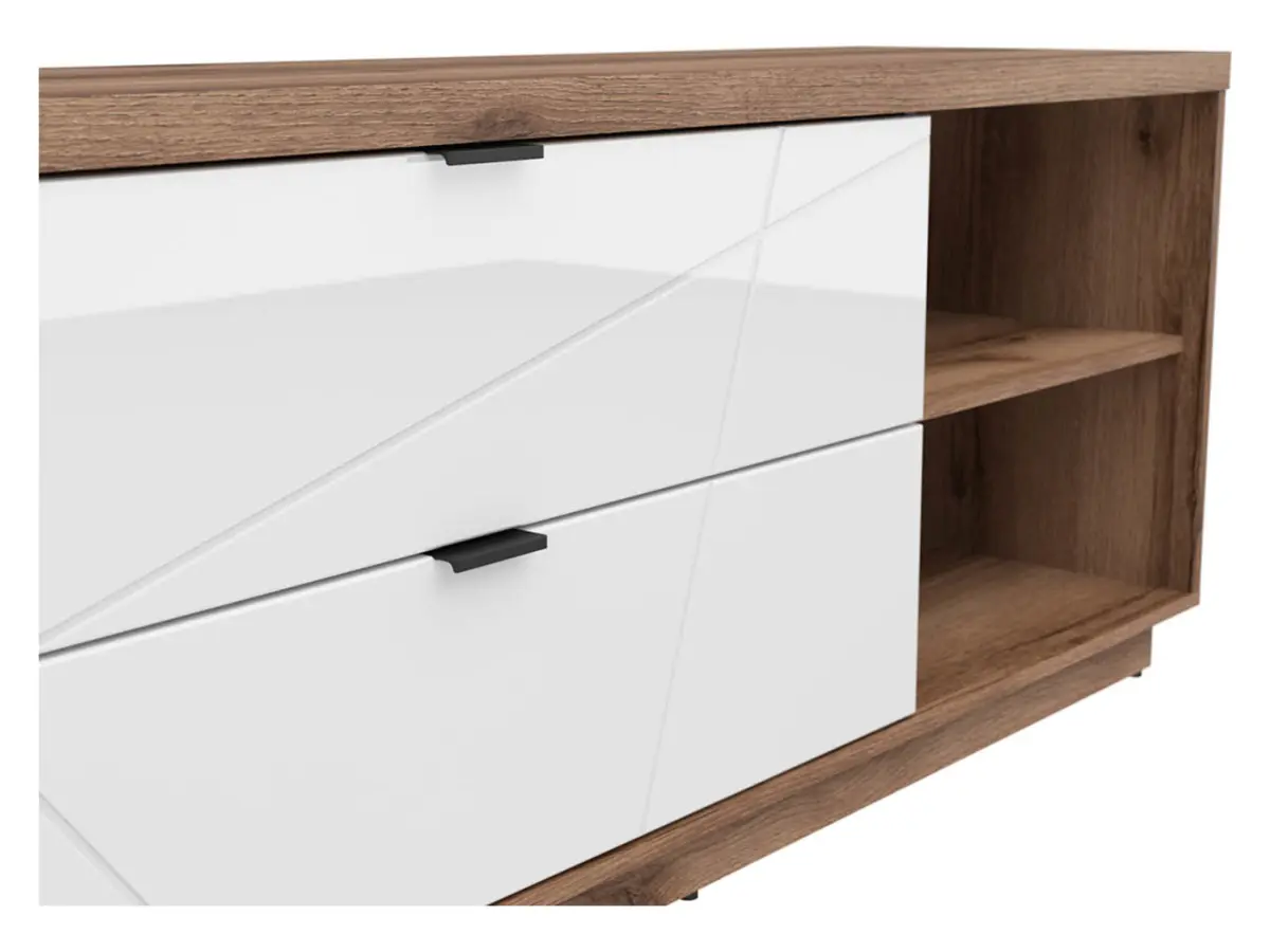 Mueble TV Forn 156 cm con 2 cajones y un estante roble delano oscuro/blanco brillo