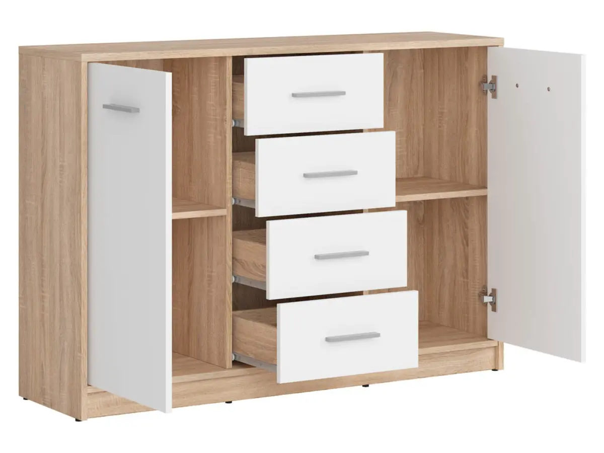 Cómoda Nepo Plus 119 cm con 2 puertas y 4 cajones roble sonoma/blanco