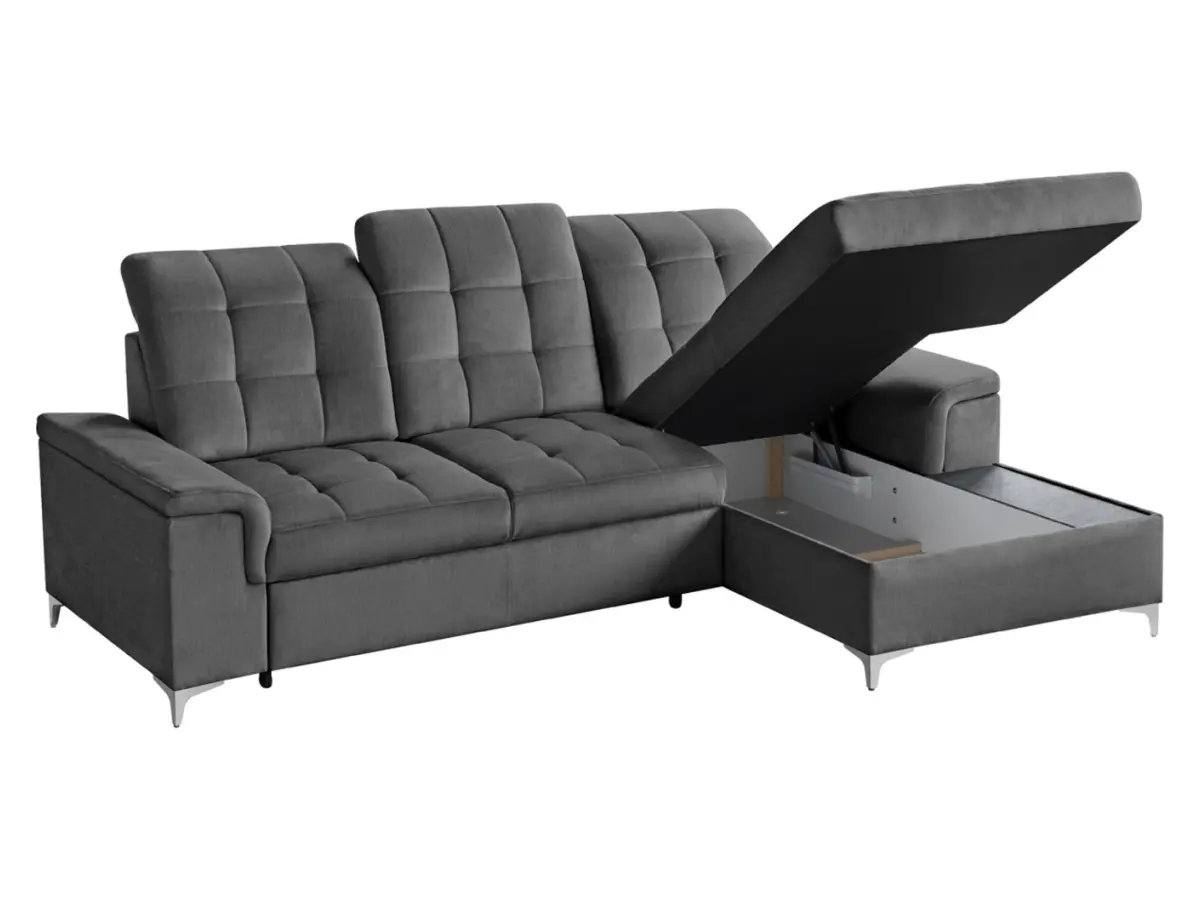 Sofá rinconera derecho Ariado convertible con arcón de terciopelo gris