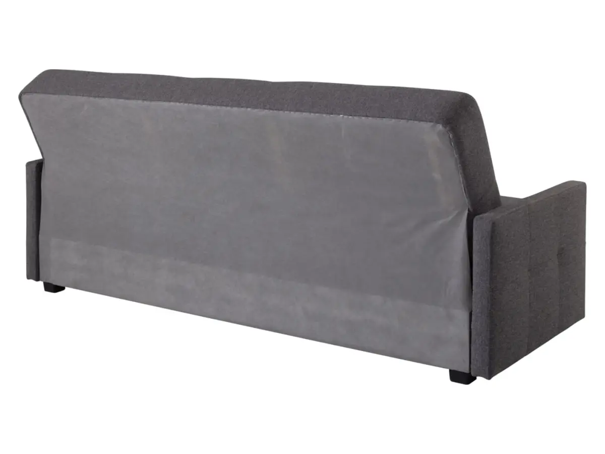 Sofá cama de tres plazas Maro con arcón, tejido trenzado gris oscuro