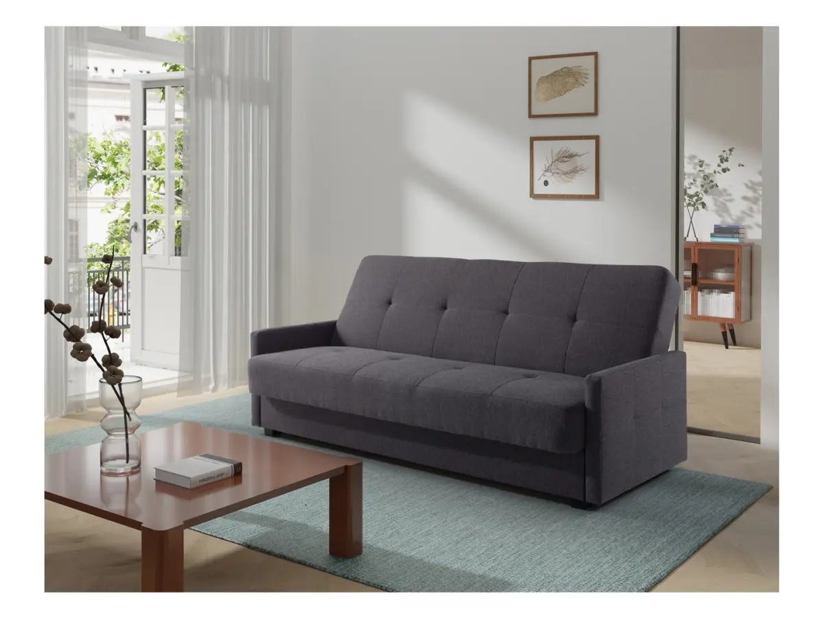 Sofá cama de tres plazas Maro con arcón, tejido trenzado gris oscuro