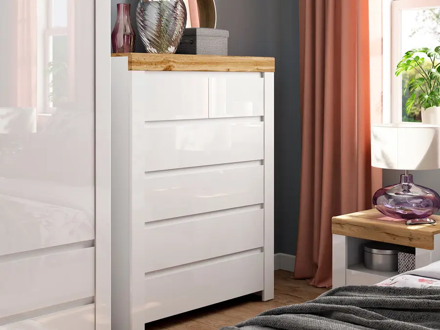 Cómoda Holten 99 cm con 6 cajones blanco/roble wotan/blanco brillo