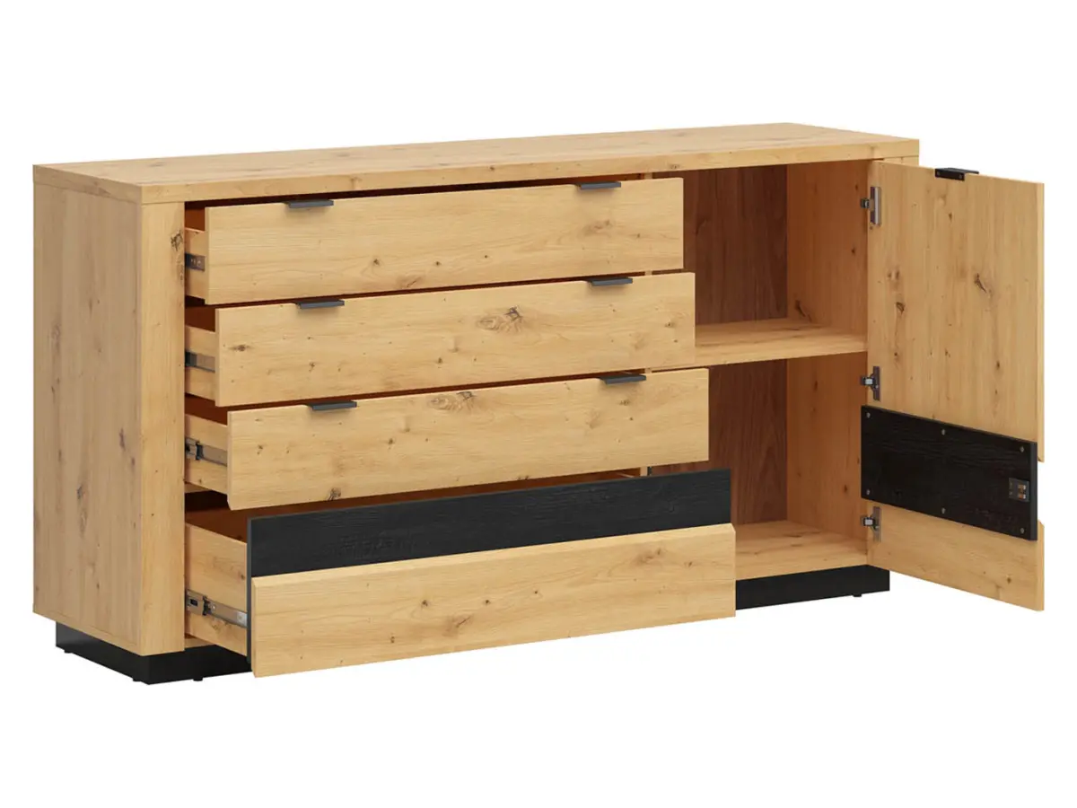 Cómoda Ostia 161 cm con puertas y 4 cajones roble artisan/roble negro