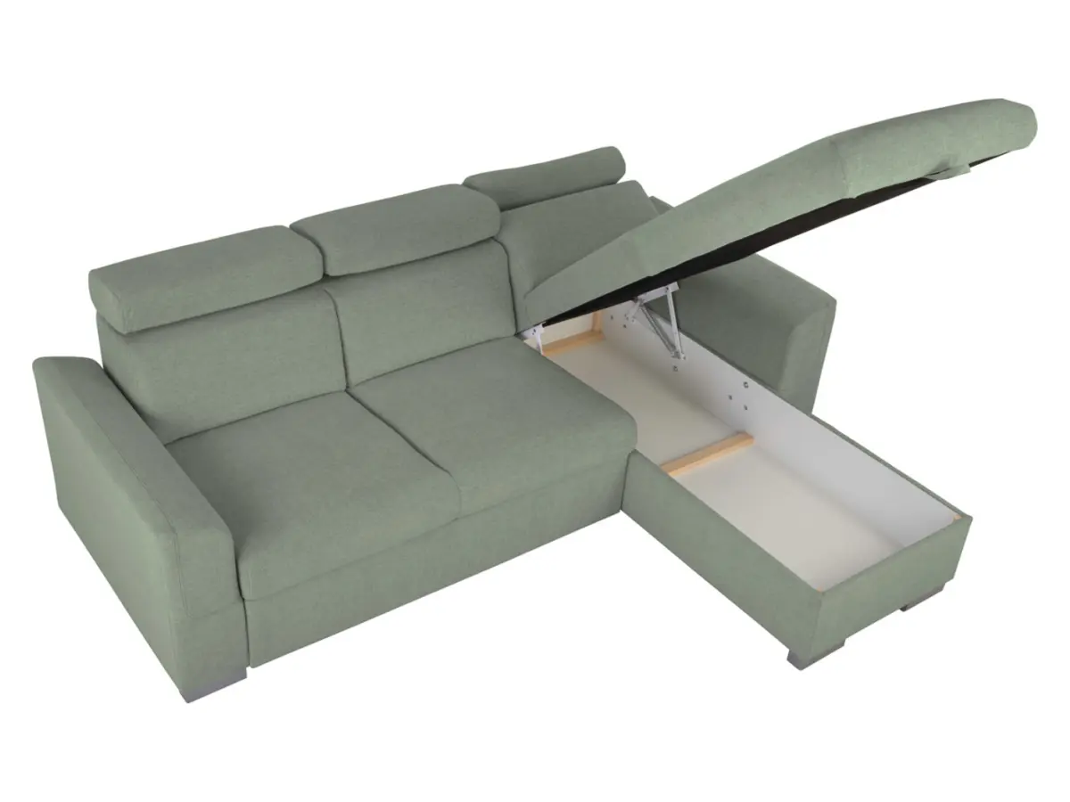 Sofá de esquina universal Evia con función de cama, arcón y reposacabezas ajustables verde