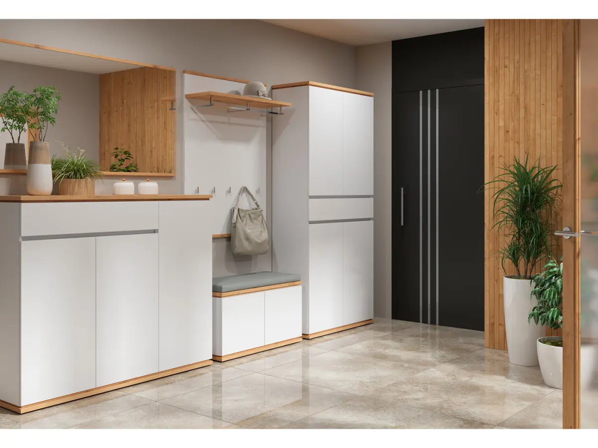 Estantería para pasillo Yamael 90 cm con 4 puertas y un cajón blanca