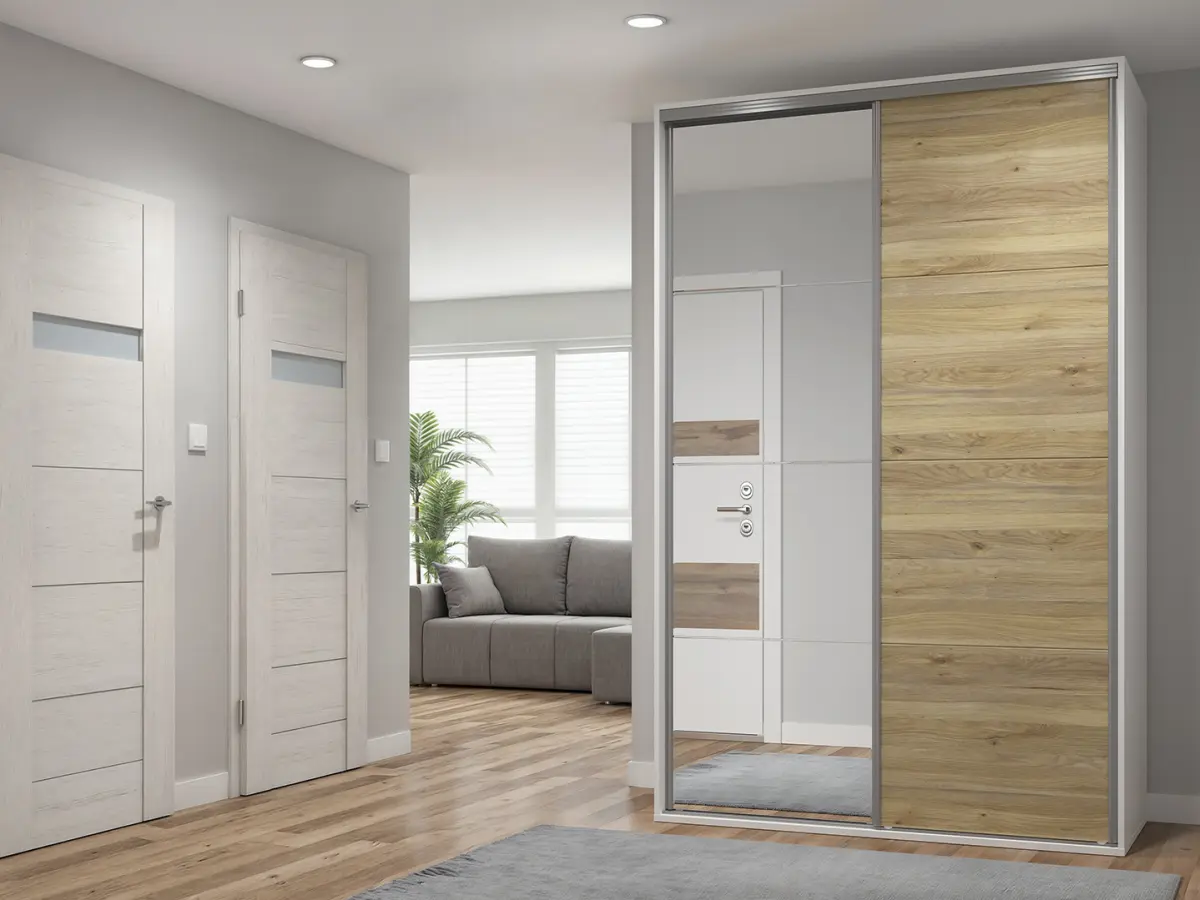 Armario de puertas correderas Flex 150 cm con espejo FLEX-blanco/roble mauvella