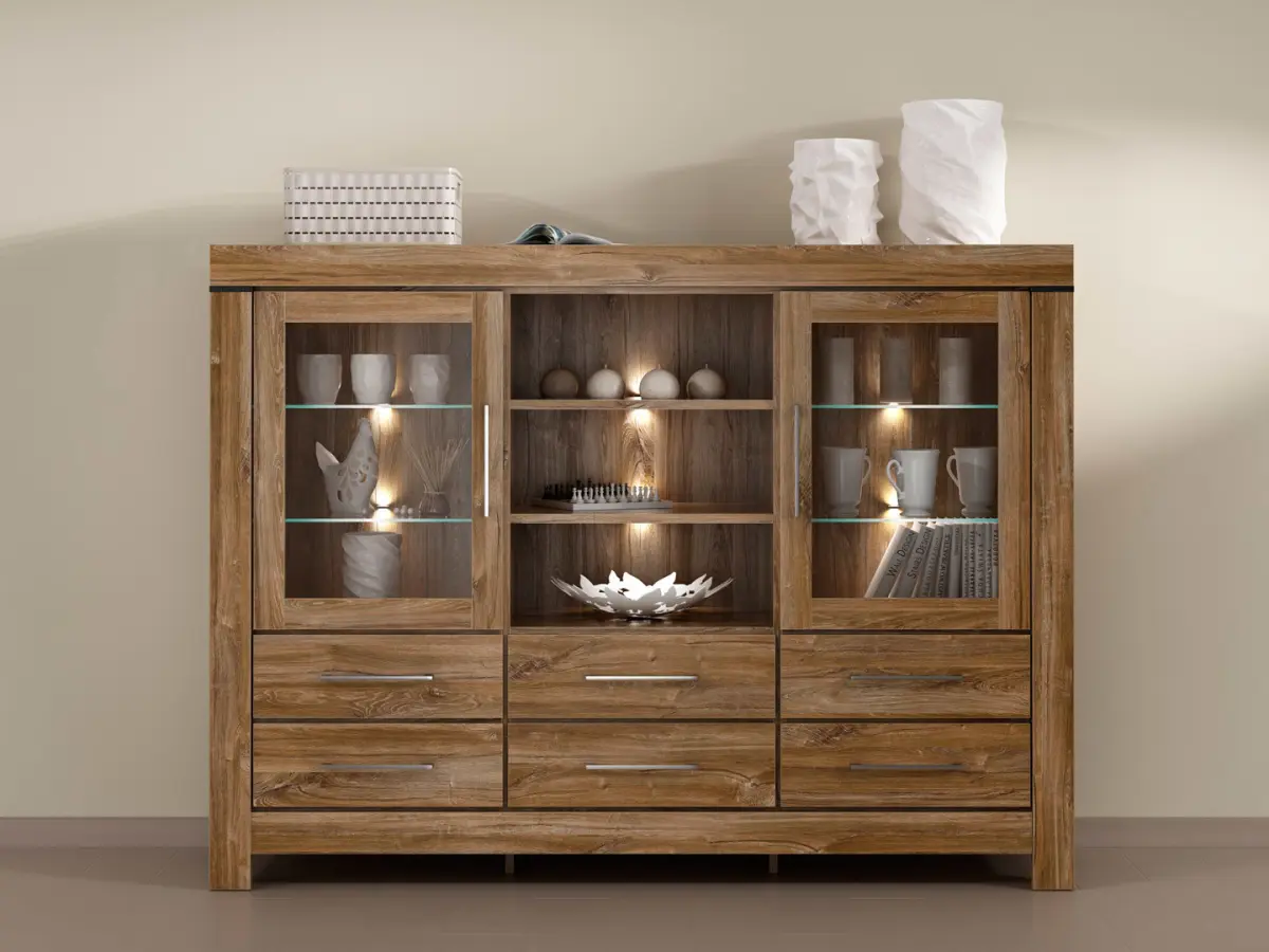 Cómoda Gent 166 cm vitrina con 2 puertas 6 cajones y 3 estantes roble stirling