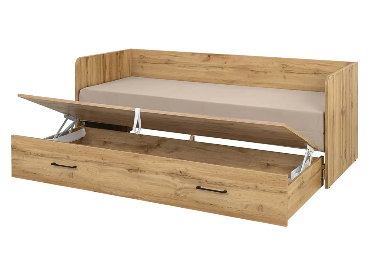 Cama extensible Tetrix roble wotan 80-160x200 con contenedor, colchón y cojines beige