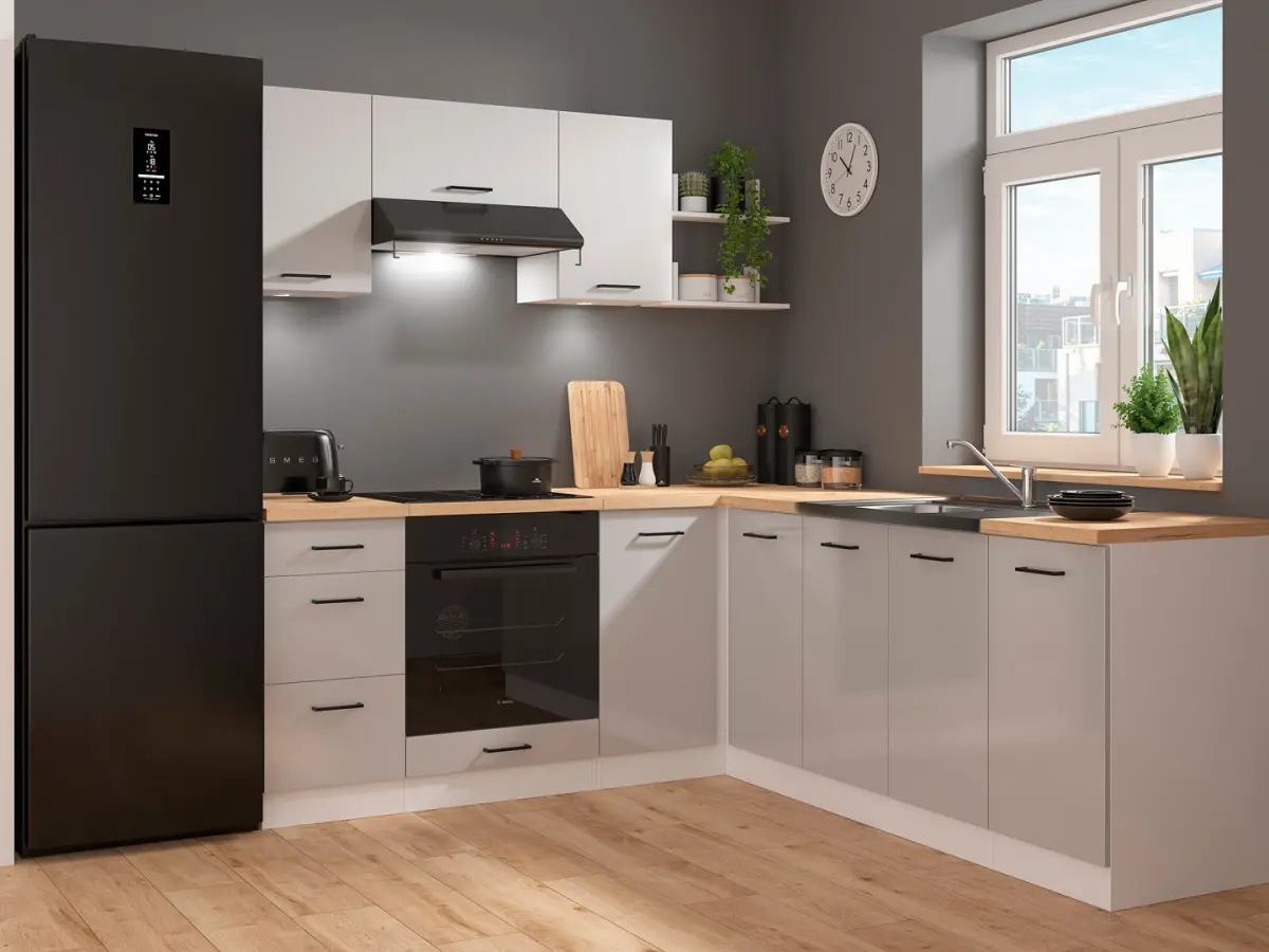 Conjunto de cocina de esquina Junona Line 200x220 gris claro brillo sin encimera