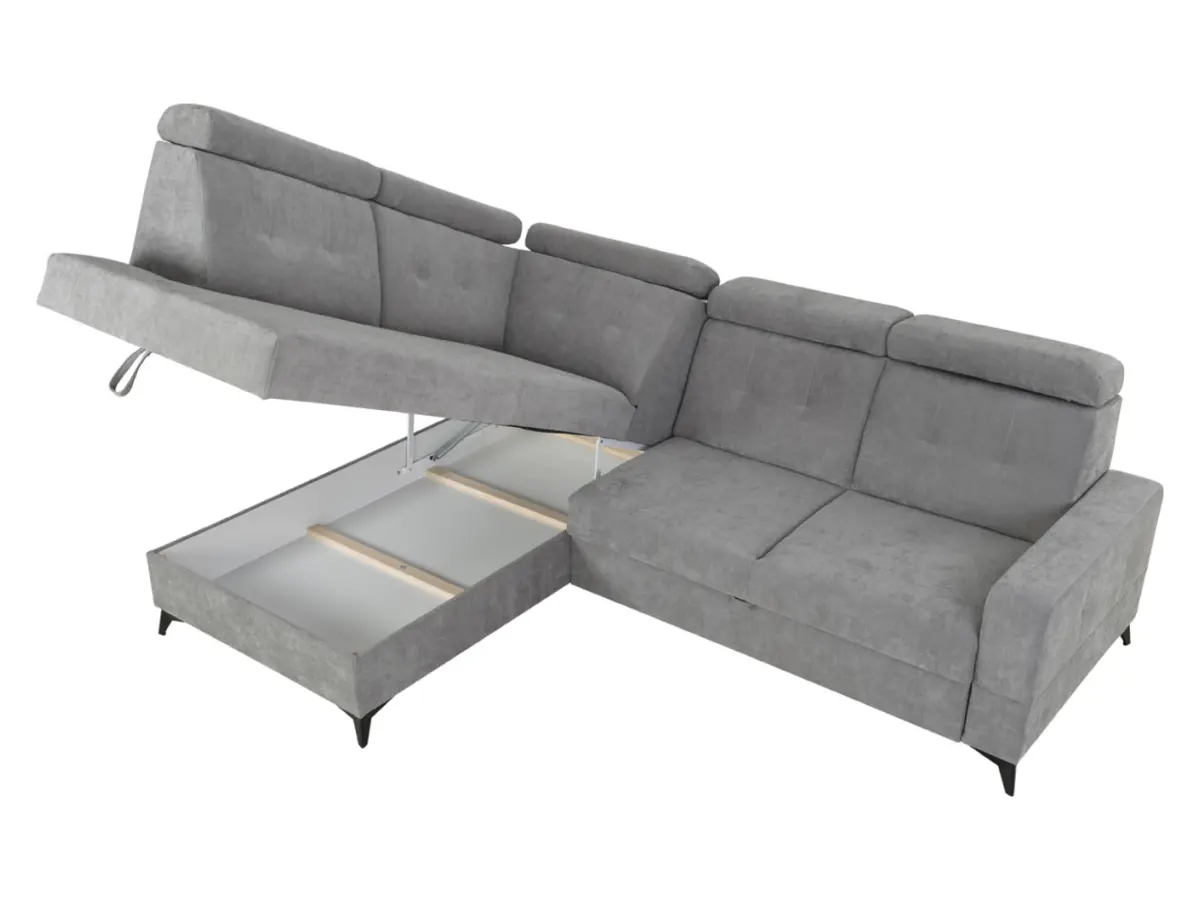 Sofá rinconera izquierdo Amado convertible con arcón gris