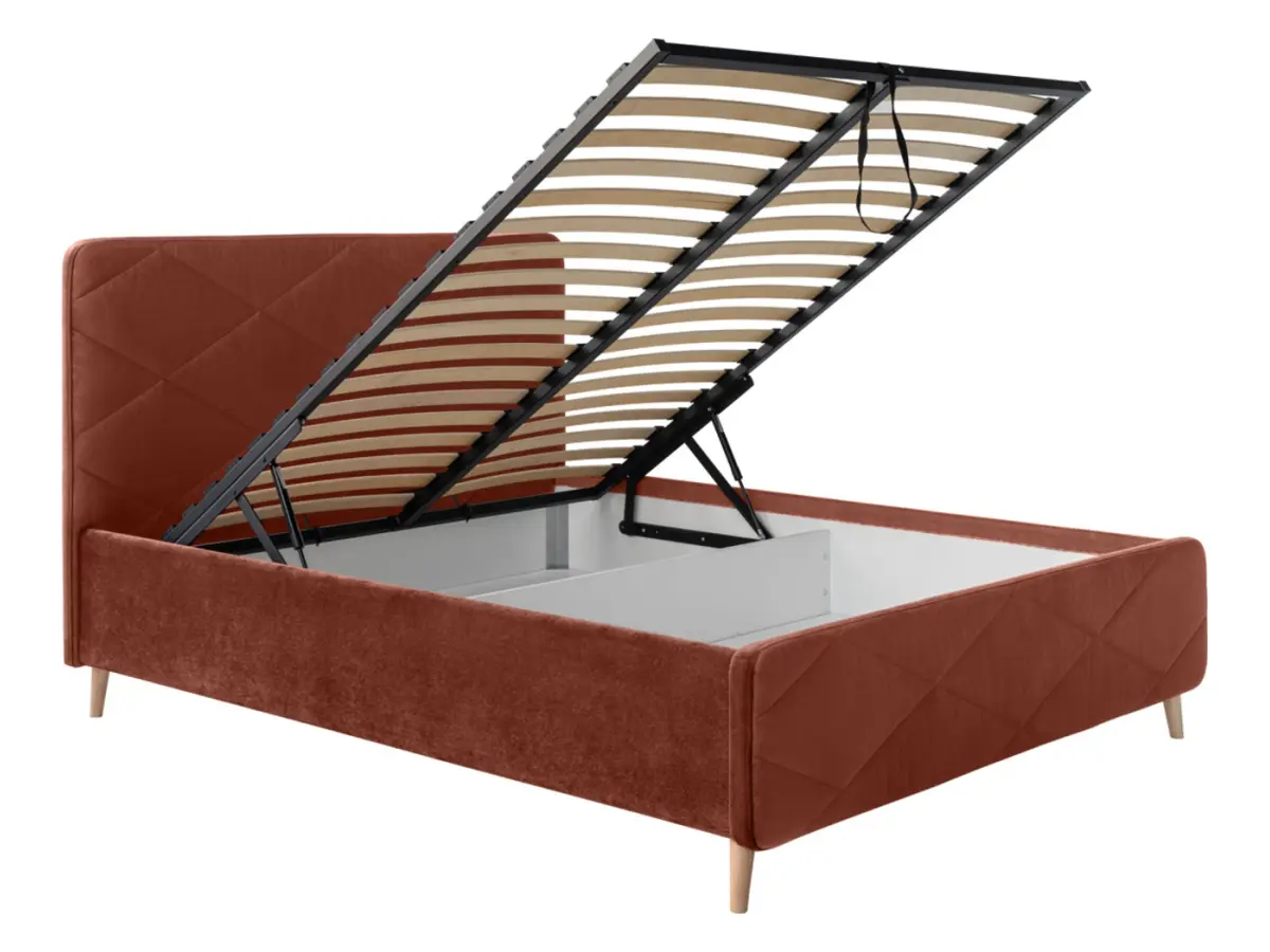 Cama tapizada Bondo 160x200 con contenedor y somier naranja