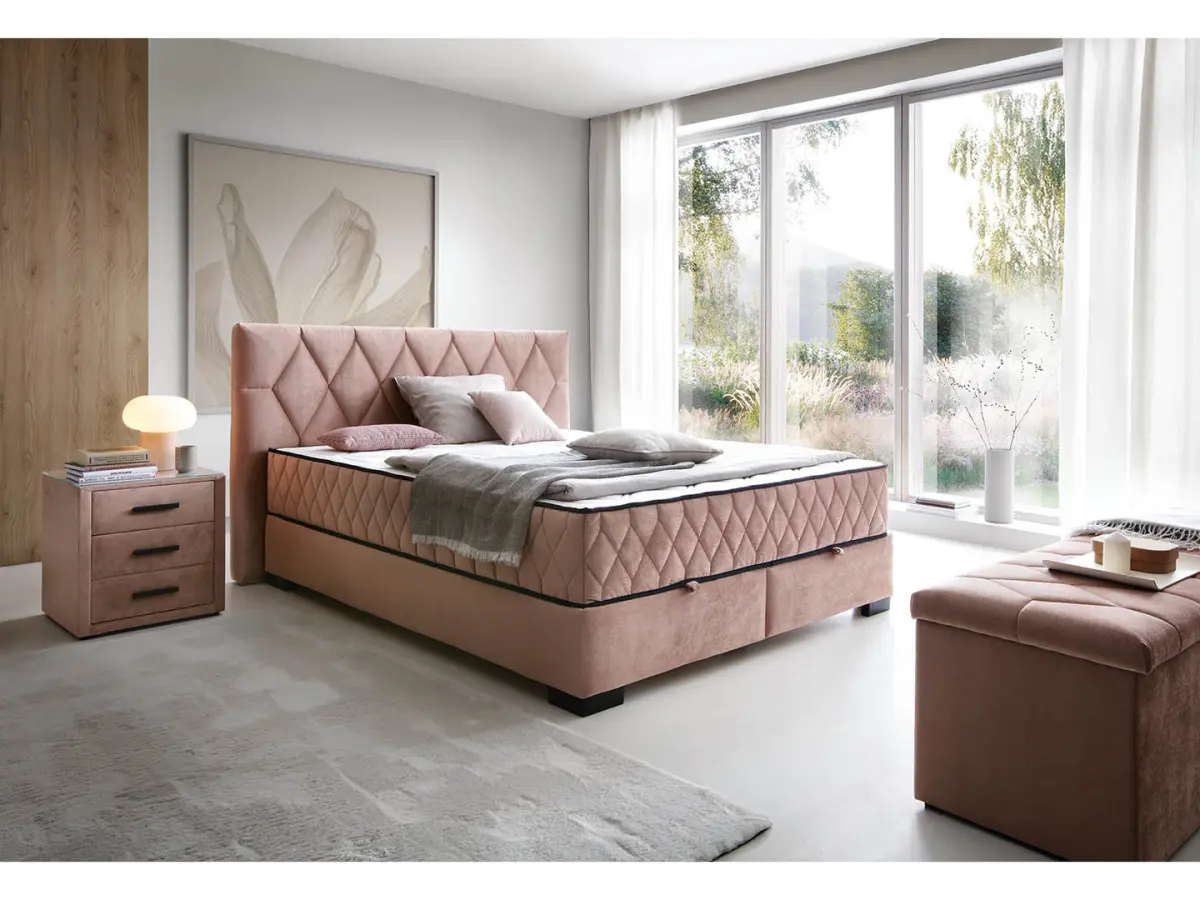 Cama continental Reve 160x200 con contenedor rosa