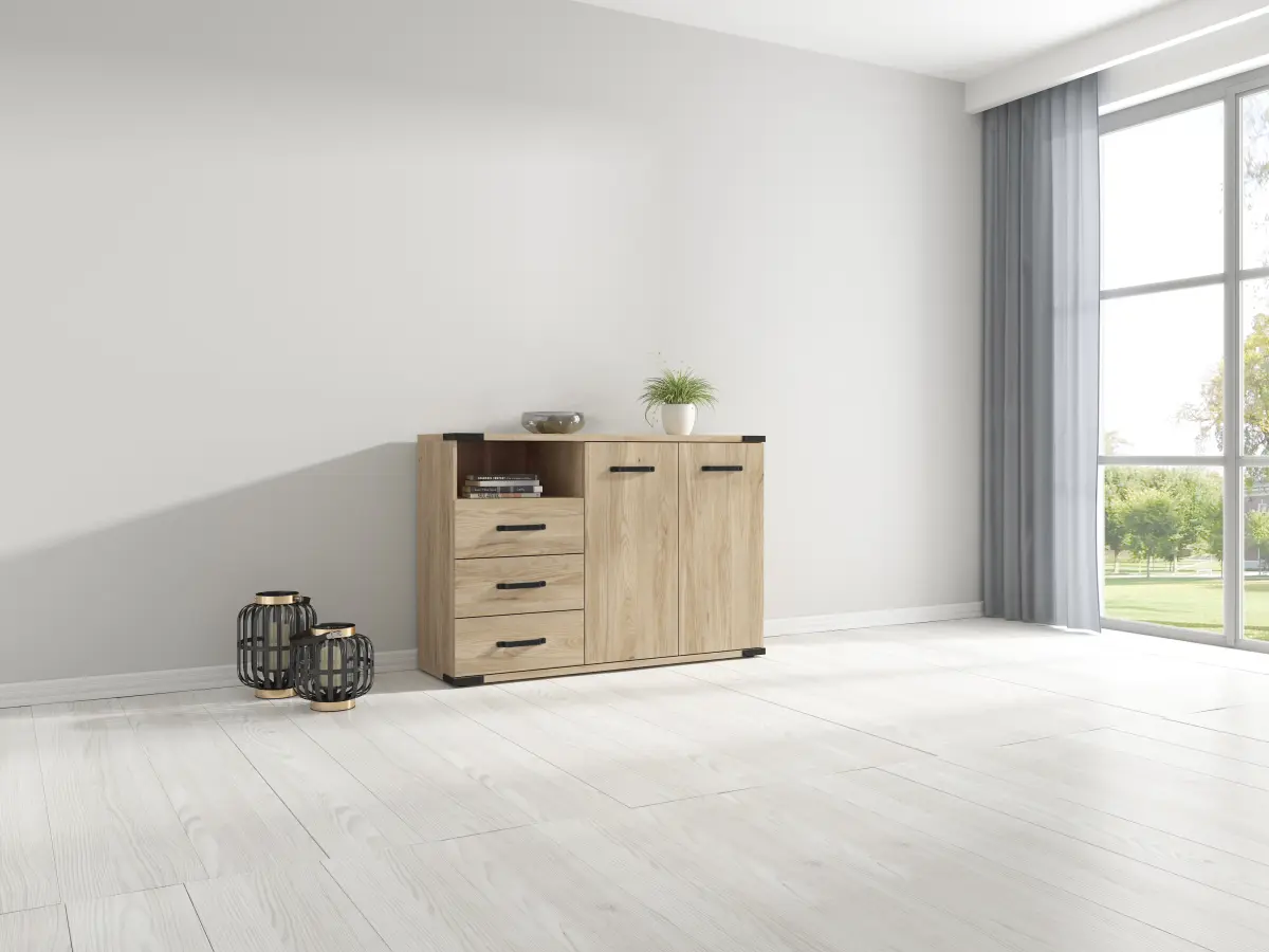 Cómoda Lara 90 cm con puertas 3 cajones y estante fresno belarus