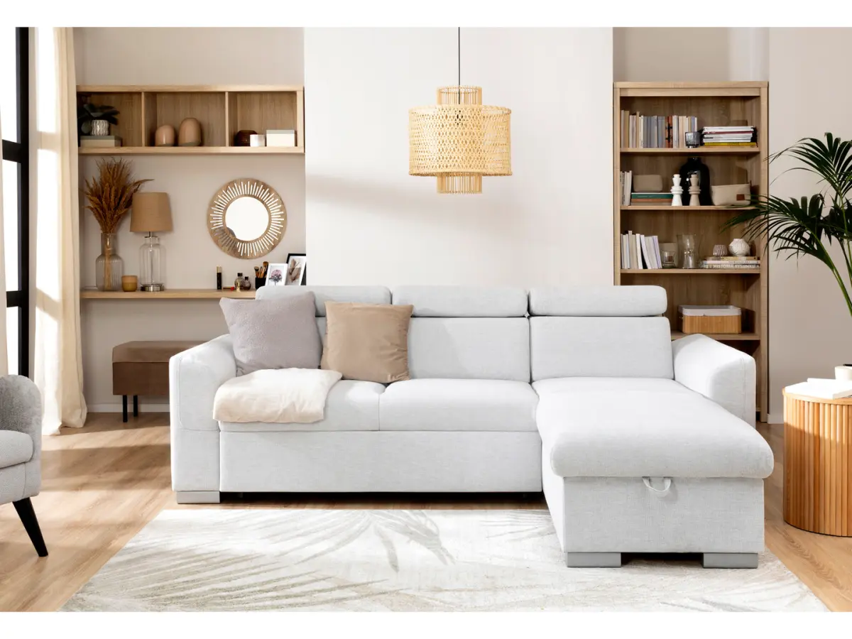 Sofá rinconera universal Evia con función de cama, arcón y reposacabezas ajustables gris claro