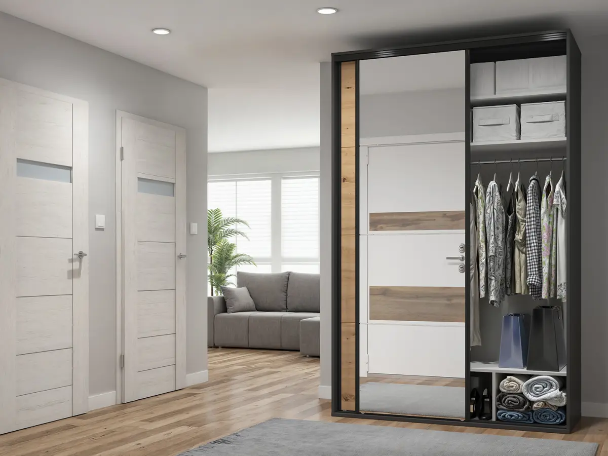 Armario de puertas correderas Flex 150 cm con espejo grafito/roble artisan