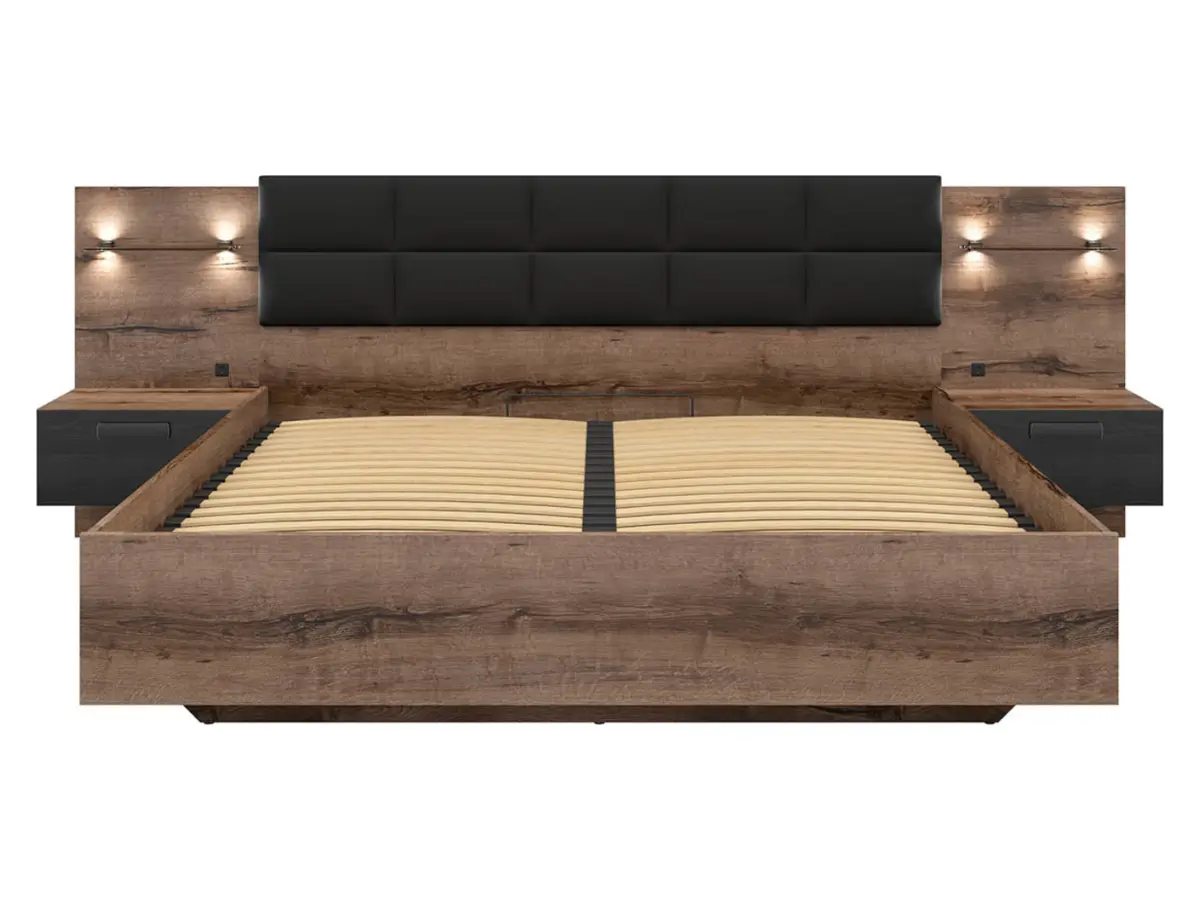 Cama Kassel 180x200 con somier, contenedor y 2 mesitas de noche roble monastery
