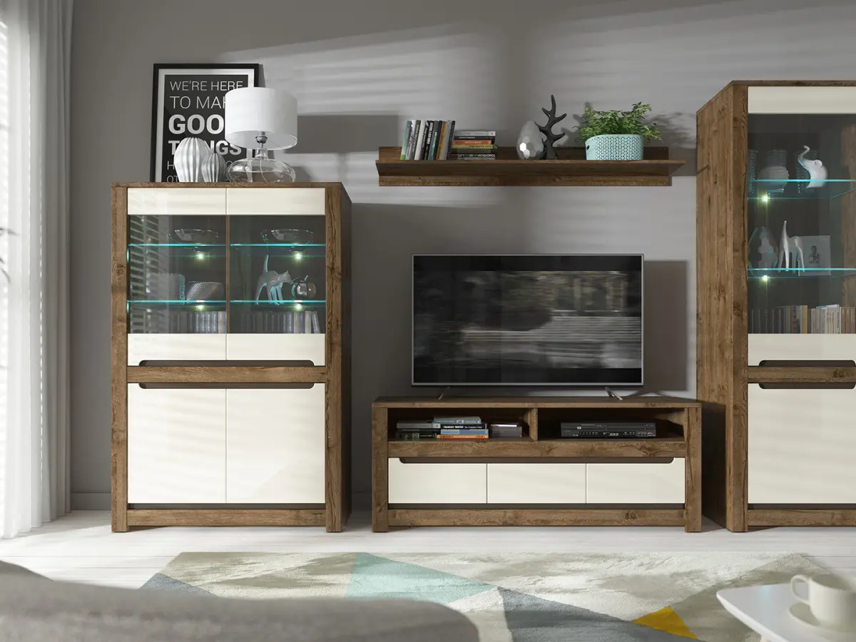 Mueble TV Ruso 149 cm con 3 cajones roble april/brillo perla
